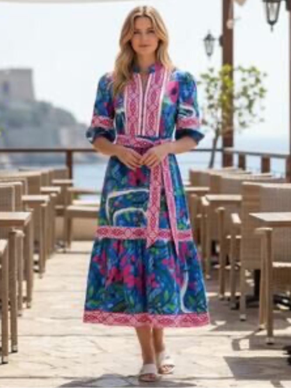 CELINA MOON Blue Three-quarter Sleeve Stamp Print Midi Dress XL